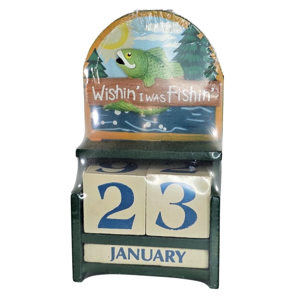 Wishin I Was Fishin Perpetual Desk Calendar Block Set Fisherman Gift